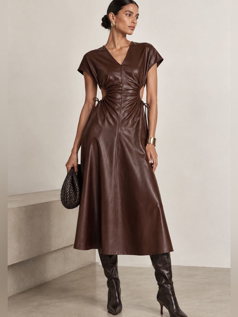7 for All Mankind Brown Faux Leather Cutout Midi Dress Size XS